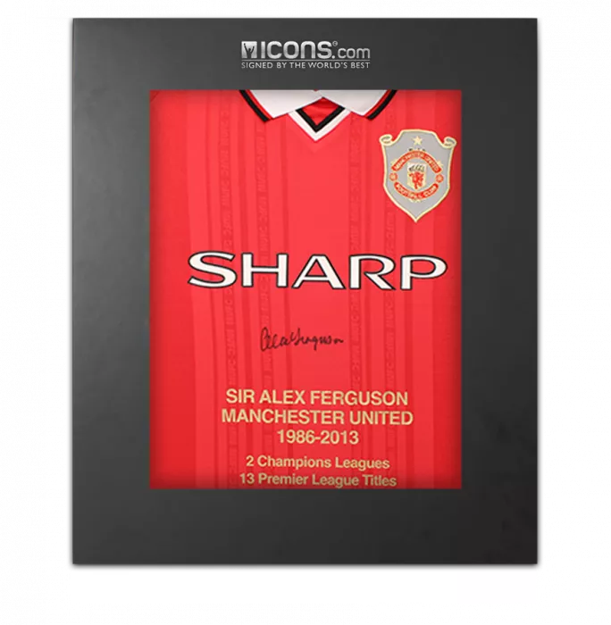 Sir Alex Ferguson Front Signed Manchester United 1999 UEFA Champions League Home Shirt In Deluxe Packaging - Stats Edition