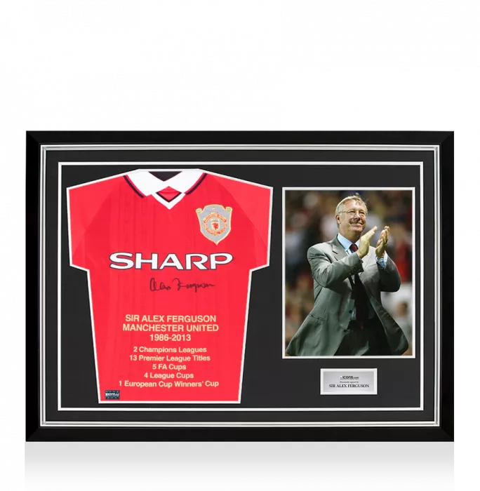 Sir Alex Ferguson Front Signed Manchester United 1999 UCL Final Shirt: Stats Edition In Hero Frame: Option 1