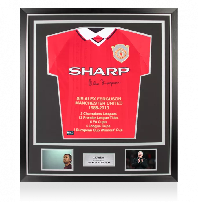 Sir Alex Ferguson Front Signed Manchester United 1999 UCL Final Shirt: Stats Edition In Classic Frame