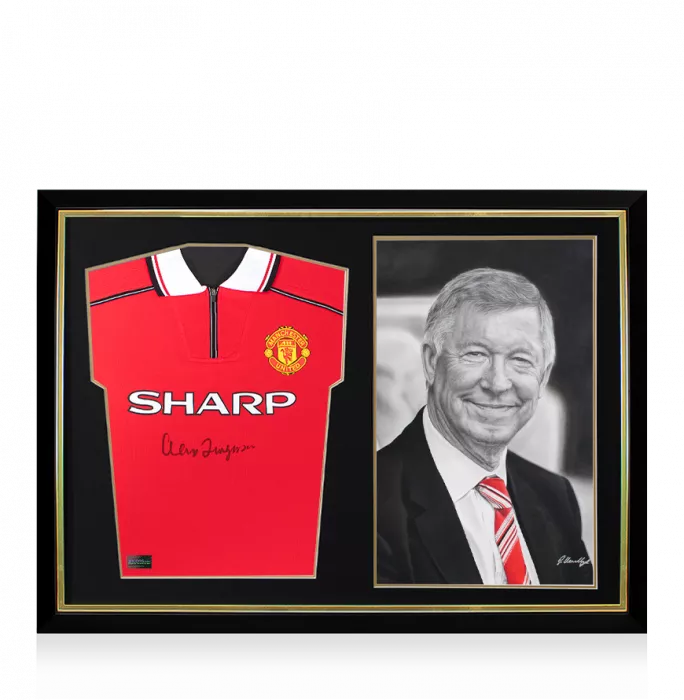 Sir Alex Ferguson Front Signed Manchester United 1999 League Shirt and Original Artwork In Hero Frame: Limited Edition 1/1