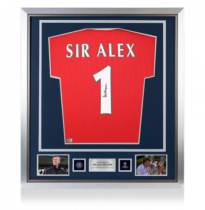 Sir Alex Ferguson Official UEFA Champions League Ferguson Back Signed and Framed Manchester United 2022-23 Home Shirt