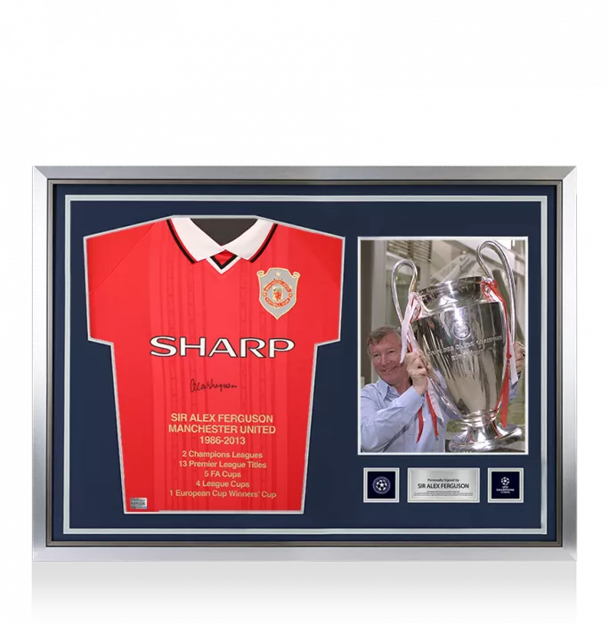 Sir Alex Ferguson Official UEFA Champions League Front Signed and Hero Framed Manchester United 1999 UEFA Champions League Home Shirt - Stats Edition
