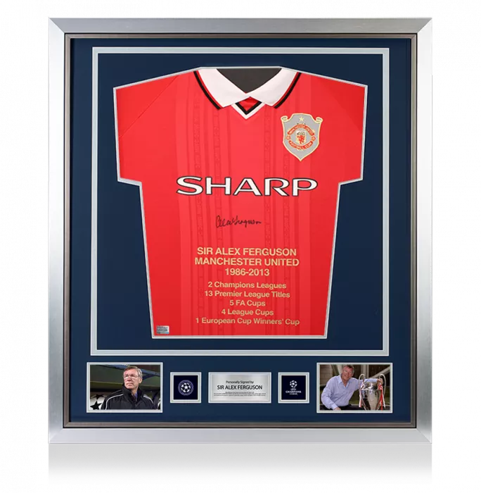 Sir Alex Ferguson Official UEFA Champions League Front Signed and Framed Manchester United 1999 UEFA Champions League Home Shirt - Stats Edition