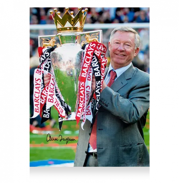 Sir Alex Ferguson Signed Photo In Black Wooden Frame: Premier League Trophy