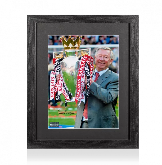 Sir Alex Ferguson Signed Photo In Black Wooden Frame: Premier League Trophy
