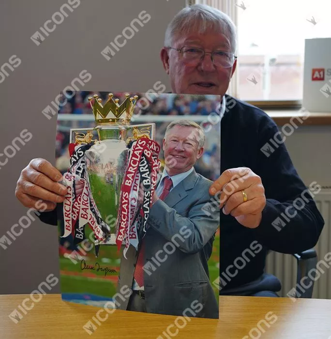 Sir Alex Ferguson Signed Photo In Premium Photo Frame: Premier League Trophy