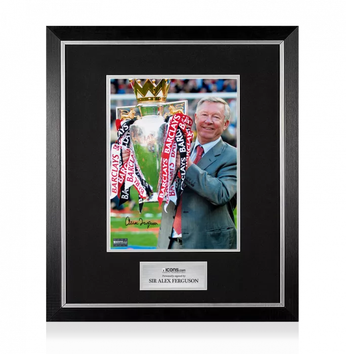 Sir Alex Ferguson Signed Photo In Premium Photo Frame: Premier League Trophy