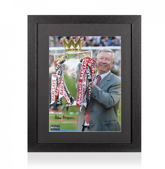 Sir Alex Ferguson Signed Photo: Premier League Trophy In Black Wooden Frame