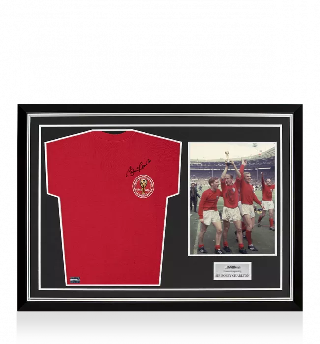 Sir Bobby Charlton Front Signed England 1966 Shirt: 40th Anniversary Special Edition Home Shirt In Hero Frame: Option 1