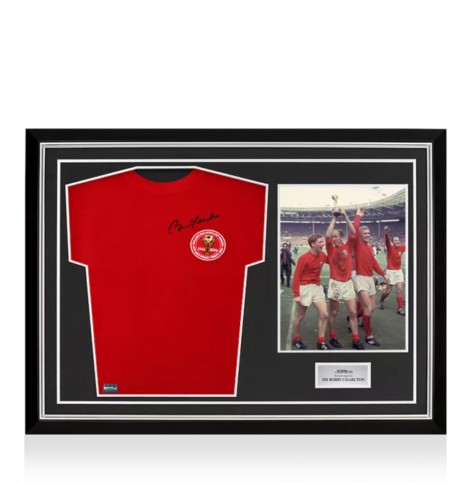 Sir Bobby Charlton Front Signed England Home Shirt 1966 (2006 Anniversary) In Hero Frame: Option 1