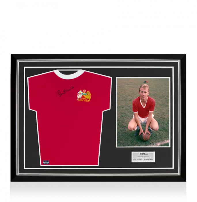 Sir Bobby Charlton Front Signed Retro Manchester United Home Shirt Home Shirt In Hero Frame: Option 1