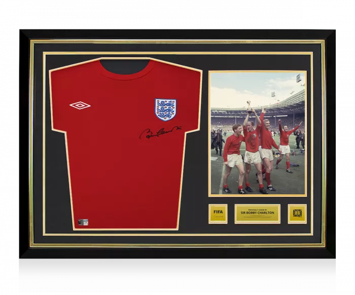 Sir Bobby Charlton Official 1966 FIFA World Cup™ Front Signed And Hero Framed England T-Shirt