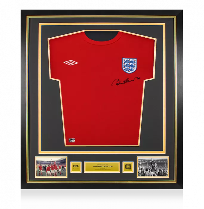 Sir Bobby Charlton Official 1966 FIFA World Cup™ Front Signed and Framed England T-Shirt
