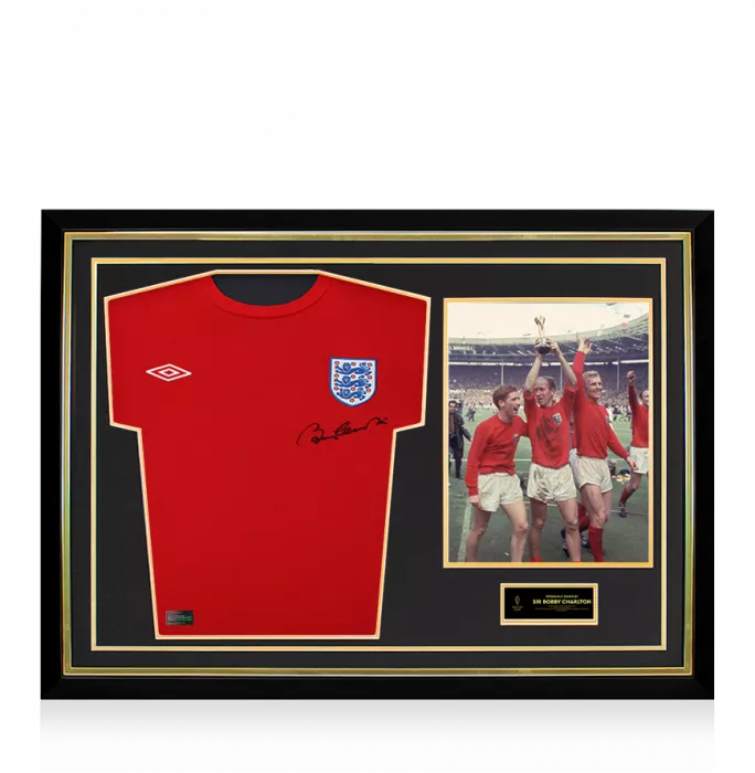 Sir Bobby Charlton Official Ballon D'Or™ Front Signed And Hero Framed England T-Shirt