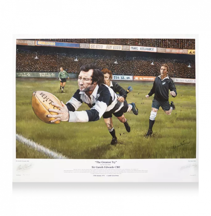Sir Gareth Edwards CBE Signed and Framed Print: The Greatest Try - Large