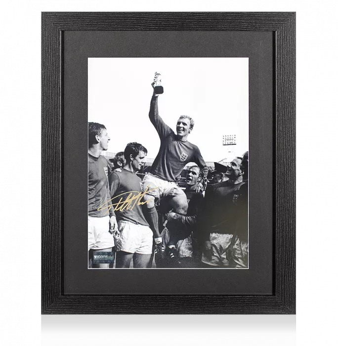 Sir Geoff Hurst Gold Signed England Photo In Black Wooden Frame: 1966 FIFA World Cup Winner