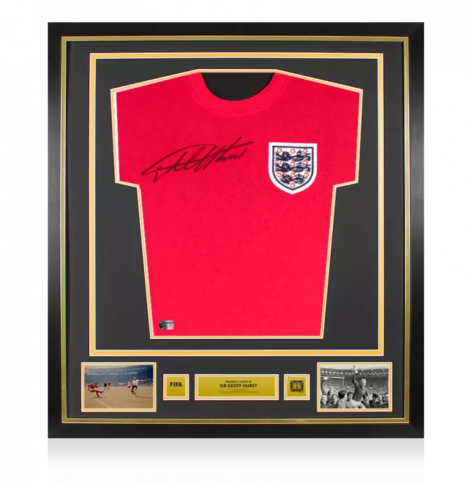 Sir Geoff Hurst Official 1966 FIFA World Cup™ Front Signed and Framed Score Draw England 1966 Away Shirt