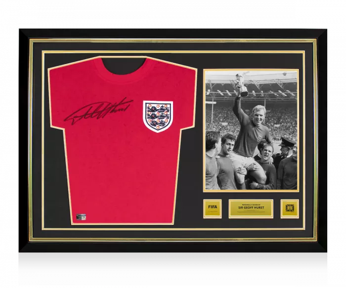 Sir Geoff Hurst Official 1966 FIFA World Cup™ Front Signed And Hero Framed Score Draw England 1966 Away Shirt