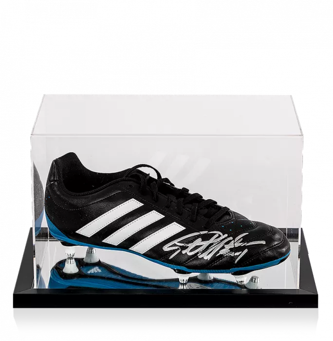 Sir Geoff Hurst Signed Black and Blue Adidas Boot In Acrylic Case