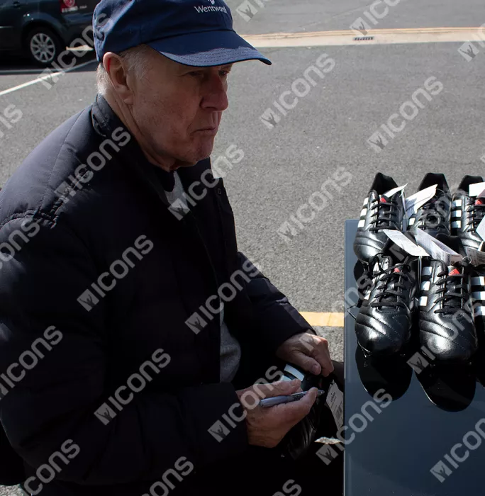Sir Geoff Hurst Signed Black And White Adidas Football Boot In Acrylic Case