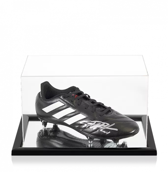 Sir Geoff Hurst Signed Black and White Adidas Football Boot In Acrylic Case