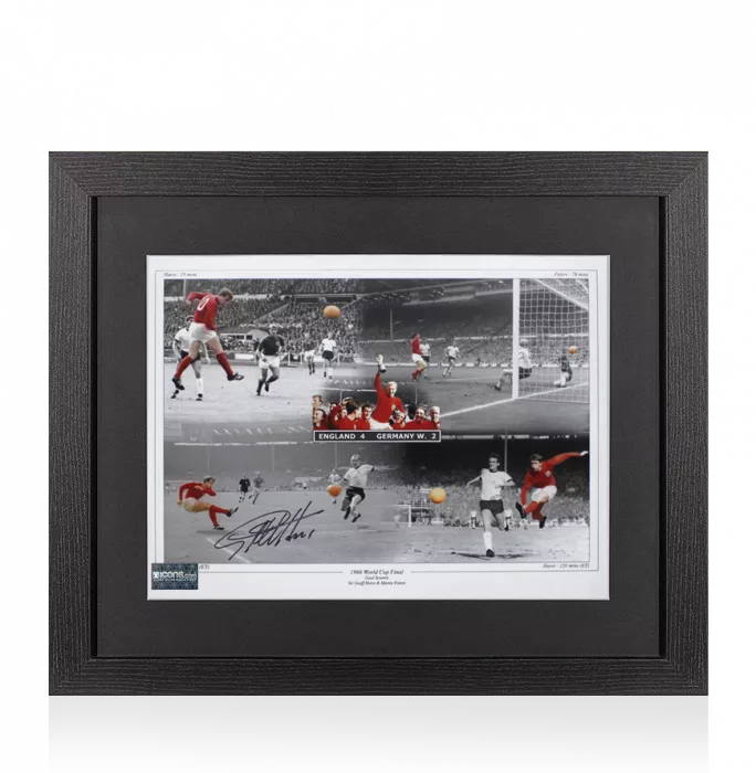 Sir Geoff Hurst Signed England Photo In Black Wooden Frame: 1966 World Cup Final 4-2 Goal Montage