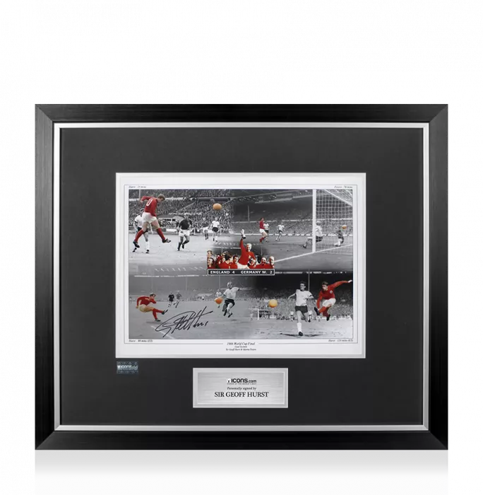 Sir Geoff Hurst Signed England Photo In Premium Photo Frame: 1966 World Cup Final 4-2 Goal Montage