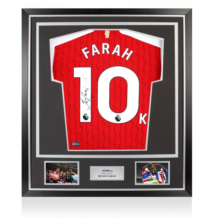 Sir Mo Farah Back Signed Arsenal 2023-24 Home Shirt In Classic Frame: 10k Edition