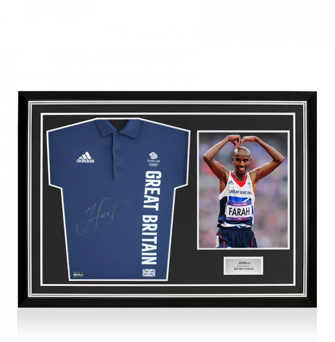 Sir Mo Farah Front Signed adidas Team GB Polo Shirt In Hero Frame: Option 1