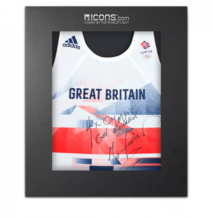 Sir Mo Farah Front Signed Team GB Running Vest In Deluxe Packaging: "4x Olympic Gold Medallist" Inscription