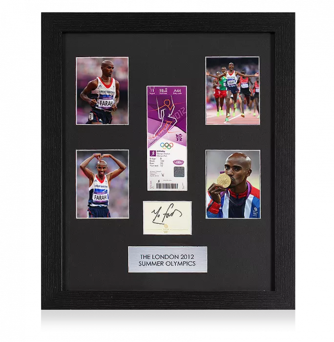 Sir Mo Farah Signed Card & London 2012 Olympics Ticket Frame
