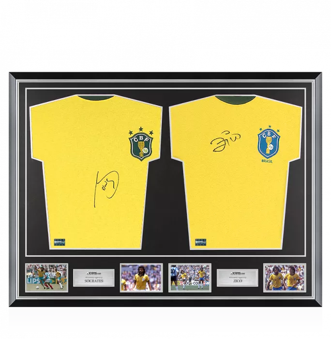 Socrates & Zico Signed Brazil 1982 Shirts In Classic Dual Frame