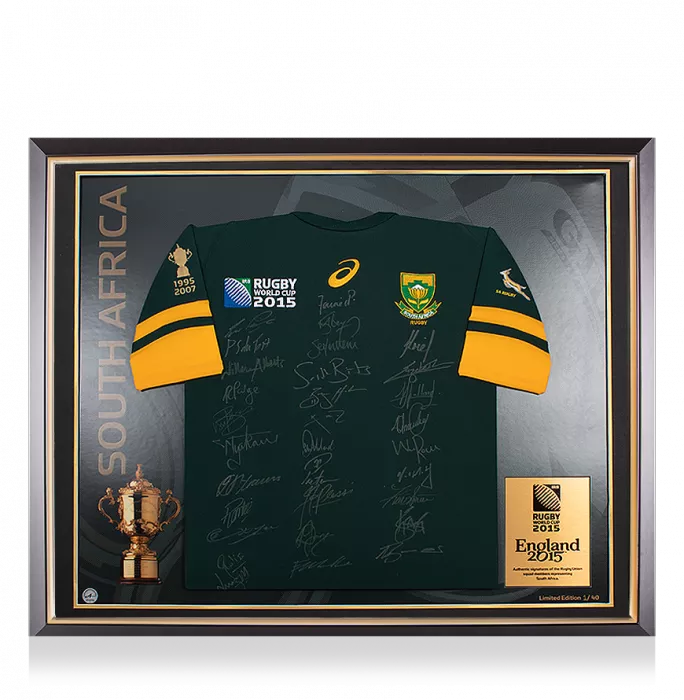 South Africa Squad Signed and 2015 Rugby World Cup Framed Home Shirt