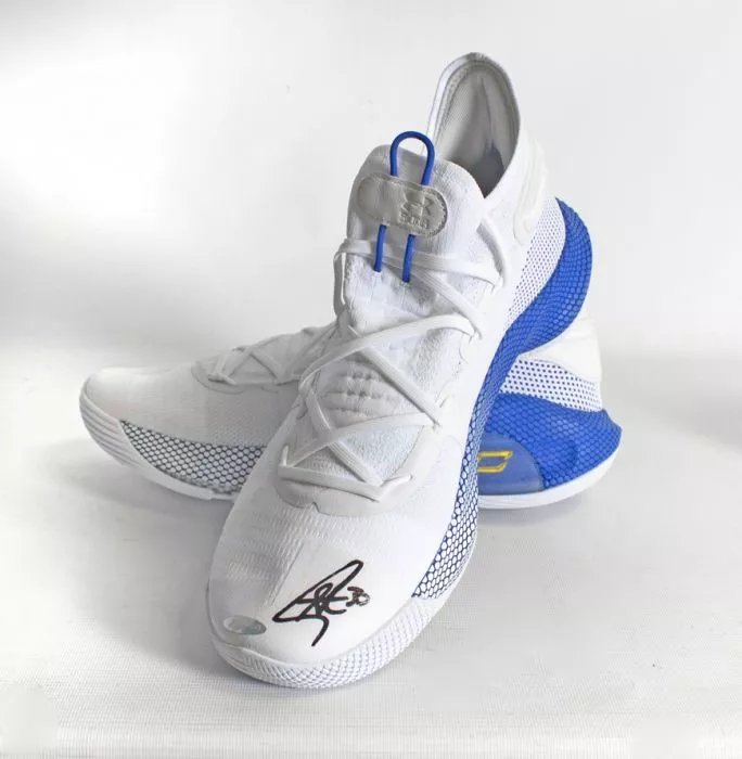 Stephen Curry Signed White And Blue Under Armour Curry 6 Basketball Sneakers