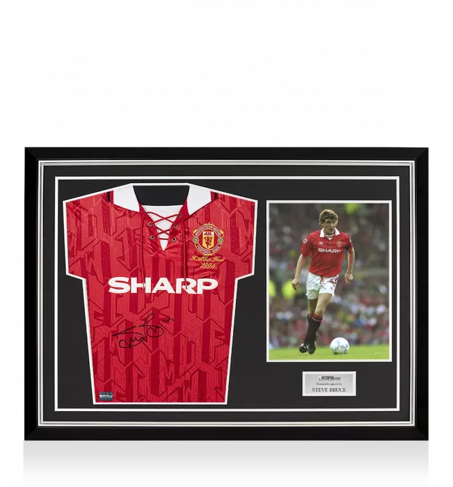Steve Bruce Front Signed Manchester United Home Shirt: 1994 FA Cup Final Special Edition Home Shirt In Hero Frame: Option 1