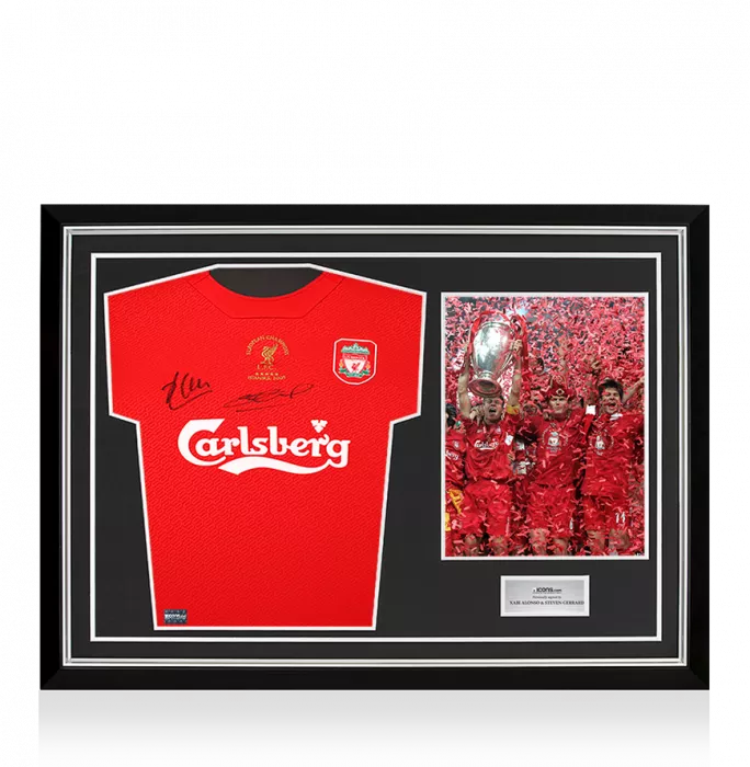 Steven Gerrard and Xabi Alonso Dual Signed Liverpool FC 2005 Home Shirt In Hero Frame: Option 1