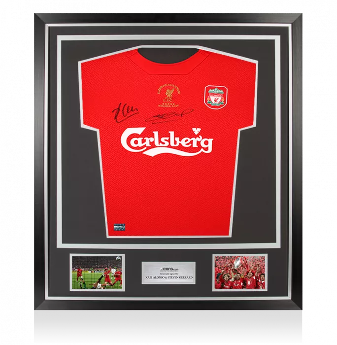Steven Gerrard and Xabi Alonso Dual Signed Liverpool FC 2005 Home Shirt In Classic Frame