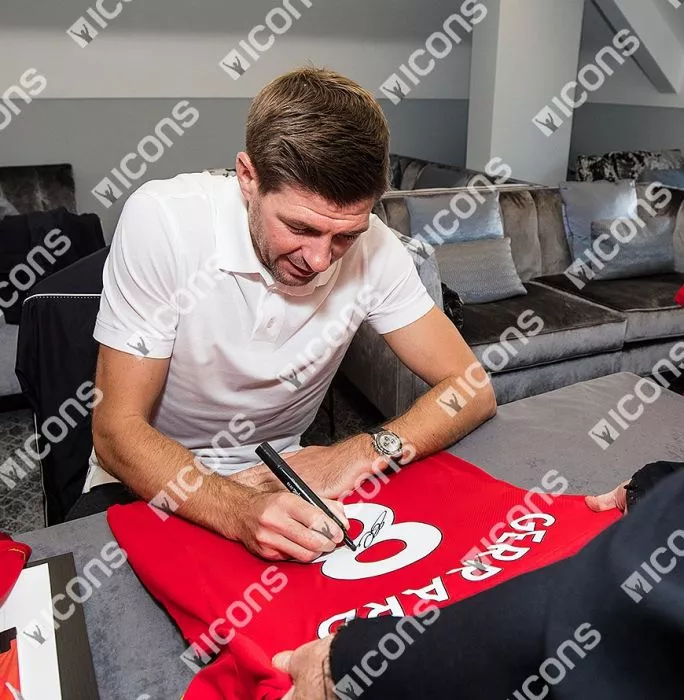 Steven Gerrard Back Signed Modern Liverpool Home Shirt With 2017-18 Premier League Numbers