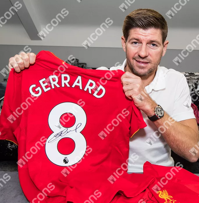 Steven Gerrard Back Signed Modern Liverpool Home Shirt With 2017-18 Premier League Numbers