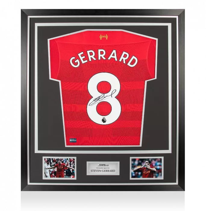 Steven Gerrard Back Signed Modern Liverpool Home Shirt With 2017-18 Premier League Numbers In Classic Frame