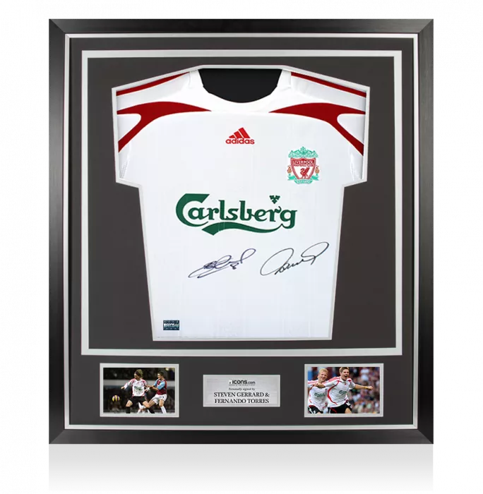 Steven Gerrard & Fernando Torres Dual Signed Liverpool FC 2007-08 Away Shirt In Classic Frame