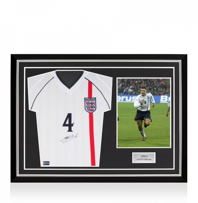 Steven Gerrard Front Signed England 2001-02 Home Shirt In Hero Frame: Option 1