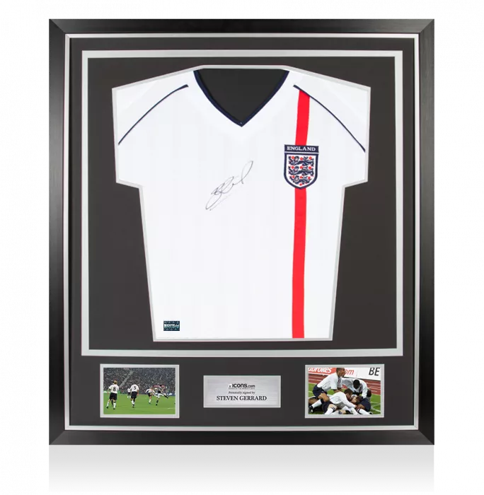Steven Gerrard Front Signed England 2002 Home Shirt In Classic Frame