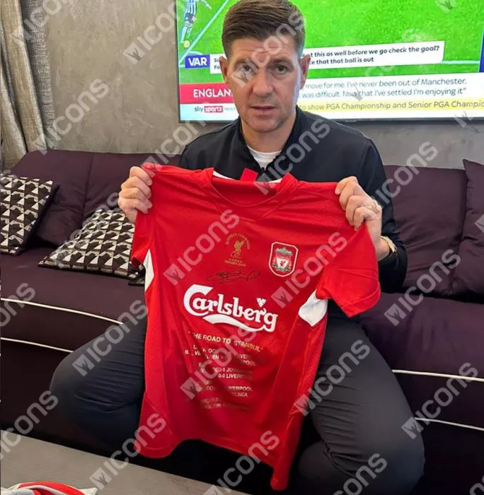 Steven Gerrard Front Signed Liverpool FC 2005 UEFA Champions League Stats Shirt