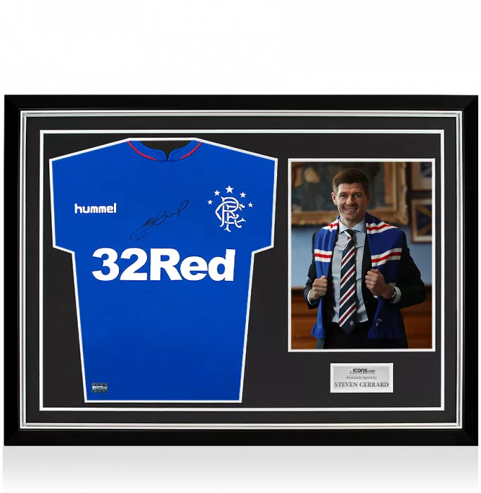 Steven Gerrard Front Signed Rangers 2018-19 Home Shirt In Hero Frame: Option 1