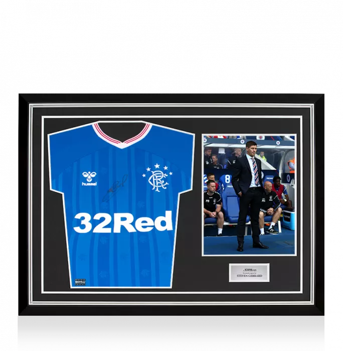 Steven Gerrard Front Signed Rangers 2019-20 Home Shirt In Hero Frame: Option 1