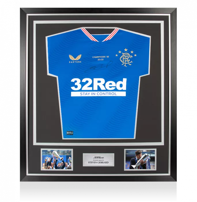 Steven Gerrard Front Signed Rangers 2020-21 Home Shirt In Classic Frame: "Champions 55" Edition