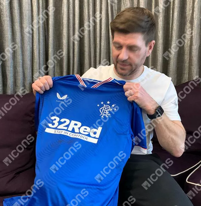 Steven Gerrard Front Signed Rangers 2020-21 Home Shirt In Classic Frame