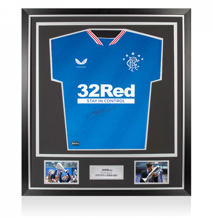 Steven Gerrard Front Signed Rangers 2020-21 Home Shirt In Classic Frame