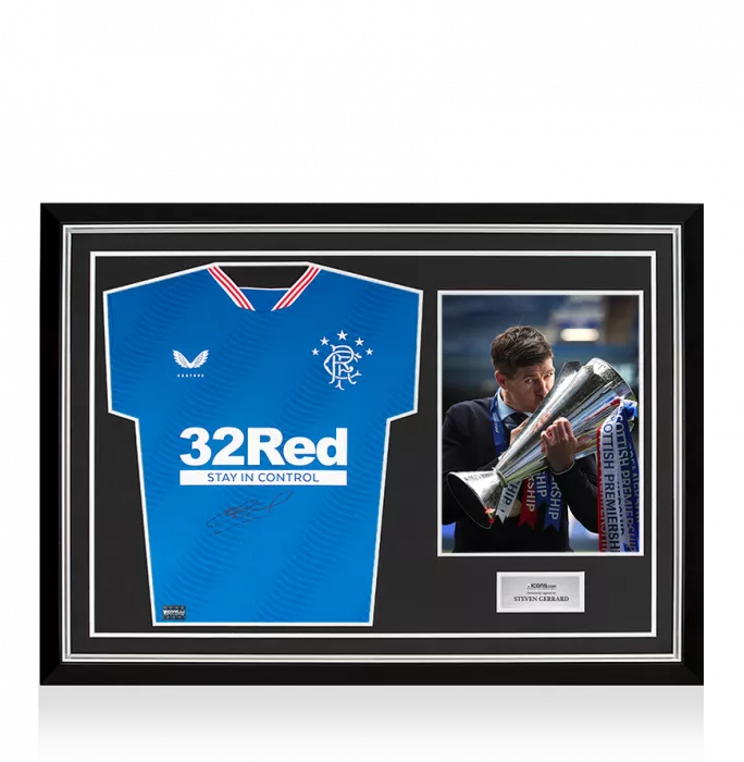 Steven Gerrard Front Signed Rangers 2020-21 Home Shirt In Hero Frame: Option 1